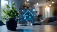 Glowing blue hologram of smart home with wifi and IoT icons floating above desk in modern living room interior with houseplant and ambient lighting.