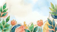 Watercolor floral border with tulips, green leaves, and gold geometric accents on soft blue background, perfect for cards and invitations.