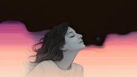 Young Asian woman with closed eyes and flowing hair against pink sunset sky, artistic black and white portrait style illustration showing serenity and mindfulness.