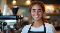 Young female barista with bright smile wearing apron in modern coffee shop with espresso machine and warm lighting creating welcoming cafe atmosphere.