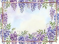 Watercolor wisteria floral frame with purple blooms and green leaves on soft pastel background, copy space for text or design.