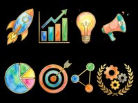 Startup business icons set with rocket, growth chart, lightbulb, megaphone, pie chart, target, network and gears isolated on transparent background. Ready for t-shirts, clipart, stickers and print-on-demand designs.