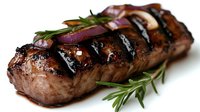 Grilled beef steak with perfect grill marks and fresh rosemary garnish on white background. Juicy cooked meat for restaurant menu and culinary projects.