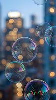 Soap bubbles floating against blurred city lights background with warm bokeh effect creating dreamy urban atmosphere for creative projects.