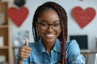 Young African American woman with braids and glasses showing thumbs up gesture, wearing denim shirt against background with decorative hearts. Positive expression.