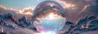 Mystical glass sphere reflecting dramatic winter sunset sky with pink clouds and snowy landscape. Magical crystal ball creates surreal light refraction effect.