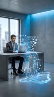 Professional businessman working with holographic data streams and digital interfaces in modern office environment for technology presentations.