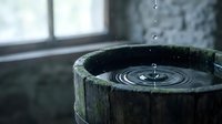 Water drops creating ripples in rustic stone basin near window with natural light filtering through, zen meditation space for spa wellness relaxation.