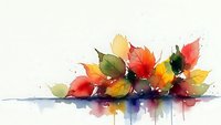 Watercolor autumn leaves in vibrant red, orange and yellow hues with artistic paint drips and splatters on white background for seasonal designs.