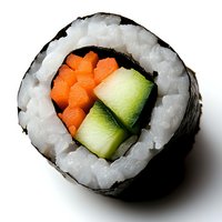 Fresh sushi roll with salmon and cucumber wrapped in nori seaweed and white rice, close-up macro shot on white background, food photography.