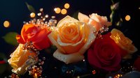 Fresh red and peach roses with delicate baby's breath against dark background, illuminated by soft glowing bokeh lights creating romantic atmosphere.
