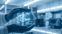 Hands holding glowing eye symbol with digital particles in modern laboratory setting, representing vision technology, data security, and innovation in scientific research environment.