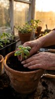 Senior gardener hands protecting young basil seedling in terracotta pot inside warm greenhouse during golden hour sunset for organic herb cultivation.