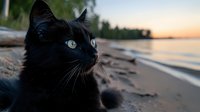 Black cat with bright blue eyes sitting on sandy beach at sunset looking toward ocean waves with peaceful expression for pet photography and animal portraits.