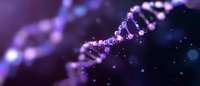 Glowing purple DNA strand with luminous particles floating in dark space, molecular structure visualization for science and medical backgrounds.
