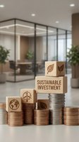 Wooden blocks with sustainability symbols stacked on coins in ascending order, representing growth in eco-friendly investment and green finance strategies for corporate sustainability initiatives.