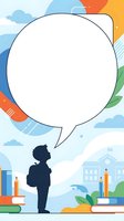 Student silhouette with large speech bubble surrounded by colorful educational elements including books, pencils, clouds, and buildings. Isolated design ready for educational materials, presentations, and learning content.