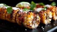 Grilled shrimp rolls with spicy sauce and sesame seeds on black plate, garnished with fresh cilantro and lime slices, macro food photography in dark setting.
