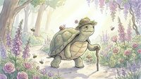 Cheerful cartoon turtle with walking stick strolling through enchanted forest garden with purple flowers, roses and bees for children's book illustration.