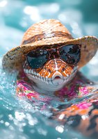 Playful corn snake wearing sunglasses and straw hat swimming in pool with pink float, creating humorous summer vacation scene against turquoise water background.