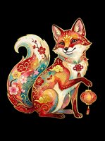 Decorative fox with ornate floral patterns, red and gold details, holding a lantern, isolated on transparent background. Ready for t-shirts, stickers, clipart, and print-on-demand designs.