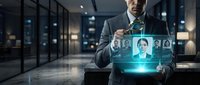 Professional businessman using holographic interface displaying team profiles in modern office environment for HR management and digital recruitment solutions.