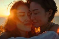 Romantic couple sharing intimate moment at sunset, soft golden light creating dreamy atmosphere. Perfect for relationship, love, and lifestyle content in advertising and media.