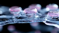 Delicate pink water drops on crystalline ice surface with bokeh effects and reflections create ethereal winter macro photography composition.