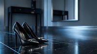 Pair of black glossy high heels on dark marble floor in modern minimalist interior with 3D printer and mirror, suitable for fashion, luxury, and contemporary design projects.