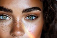 Young woman with light brown skin tone, freckles, and striking green-blue eyes with defined eyebrows, looking downward with rainbow light reflection on her face.