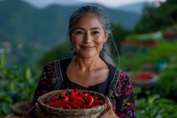 Mature Asian woman in traditional dress holding basket of fresh red chili peppers, smiling warmly against blurred mountain landscape and garden background.