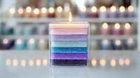 Layered rainbow colored candle with burning flame against blurred bokeh background creates peaceful atmosphere for meditation and aromatherapy sessions.