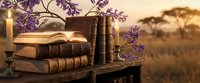 Vintage books stacked on wooden table with purple flowers and candle in warm golden light creating peaceful reading atmosphere for education and literature.