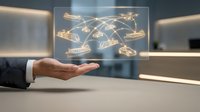 Businessman holding glowing holographic display with connected global network of buildings and infrastructure icons, representing worldwide logistics, supply chain management, and digital connectivity.