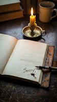 Open vintage journal with the word Sorry written in ink, candlelight, antique pen on wooden table, evoking regret, apology, and nostalgia.