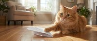 Fluffy ginger cat playing with paper airplane on wooden floor in bright living room with furniture and plants.