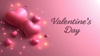 Pink hearts floating with sparkles and glowing particles against soft rose background with Valentine's Day text, romantic holiday design for greeting cards and social media posts.