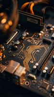 Close-up macro shot of computer motherboard with golden circuit traces, microchips and electronic components in warm ambient lighting for technology concepts.
