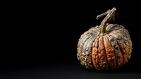 Weathered pumpkin with textured ridges and dried stem isolated on black background, suitable for autumn, fall harvest, and seasonal design projects.