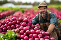Caucasian male farmer with beard smiling near freshly harvested red onions in field. Agricultural worker in overalls and cap showing organic produce during harvest season.
