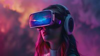 Young woman wearing virtual reality headset and headphones in neon pink and blue lighting, side profile view against dark background with futuristic atmosphere.