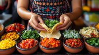 Hispanic woman preparing fresh taco with variety of colorful toppings and salsas in traditional clay bowls. Authentic Mexican food preparation showing hands assembling dish.