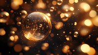 Magical soap bubble floating in dark space surrounded by golden bokeh lights and glowing particles creates dreamy atmospheric effect.