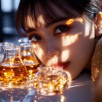 Young Asian woman with dramatic lighting and shadows near glass vessels filled with golden liquid, creating magical atmospheric mood for luxury advertising.