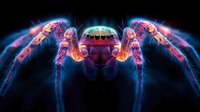 Colorful jumping spider with vibrant neon lighting effects on black background. Digital art featuring arachnid with glowing blue and pink accents for creative projects.