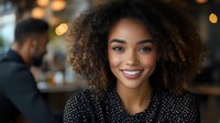 Young African American woman with natural curly hair and bright smile wearing polka dot blouse in cafe setting with soft bokeh lights background. Professional lifestyle portrait.
