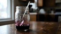 Purple berry smoothie in mason jar with metal straw on wooden kitchen counter. Healthy breakfast drink with antioxidant-rich ingredients for wellness lifestyle.