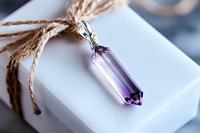 Purple crystal pendant necklace on white gift box with natural rope bow. Handmade jewelry accessory for spiritual healing and meditation practices.