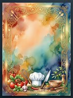 Ornate culinary frame with watercolor gradient background, chef hat, cooking utensils, fresh vegetables and herbs. Decorative golden border with flourishes. Suitable for recipe cards, menus, cooking blogs.