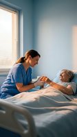 Compassionate female nurse providing care to elderly patient in hospital bed during golden hour lighting for healthcare and medical support concepts.